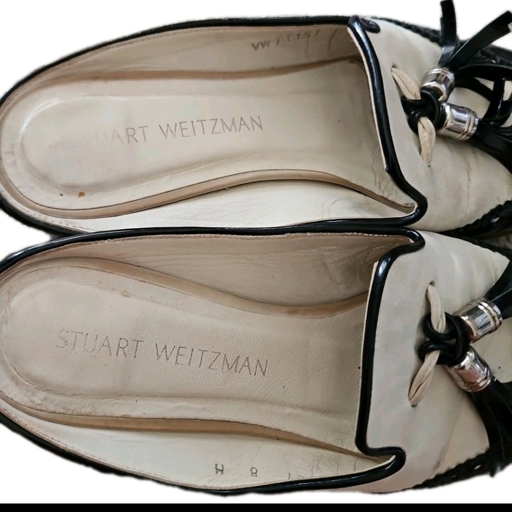 Stuart Weitzman Womens Black And White Mulething Brogue Leather Designer Mules 8 - Picture 9 of 14